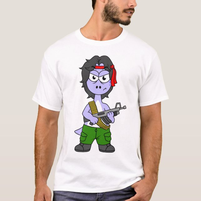 Illustration Of A Brontosaurus Dressed As Rambo. T-Shirt (Front)