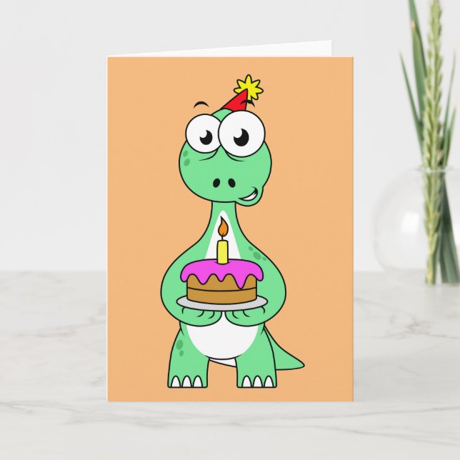 Illustration Of A Brontosaurus With Birthday Cake. Card (Front)