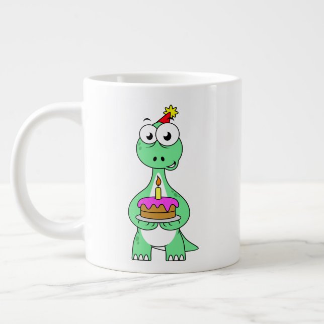Illustration Of A Brontosaurus With Birthday Cake. Large Coffee Mug (Left)