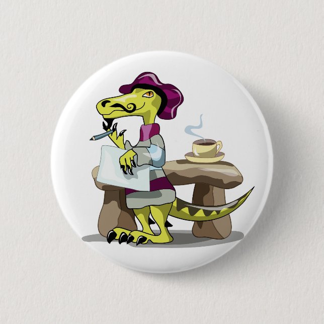Illustration Of A Cartoon Raptor Poet Thinking. 6 Cm Round Badge (Front)