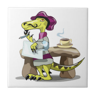 Illustration Of A Cartoon Raptor Poet Thinking. Ceramic Tile