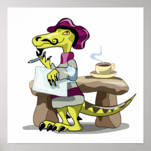 Illustration Of A Cartoon Raptor Poet Thinking. Poster