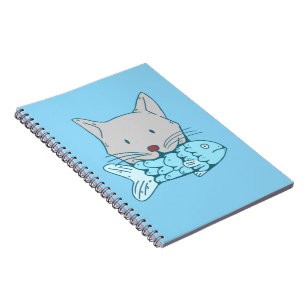 Illustration of a cat eating fish.  notebook