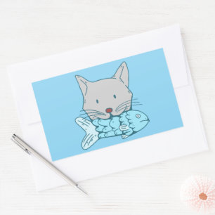 Illustration of a cat eating fish.  rectangular sticker