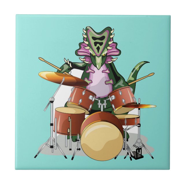 Illustration Of A Chasmosaurus Playing The Drums. Ceramic Tile (Front)