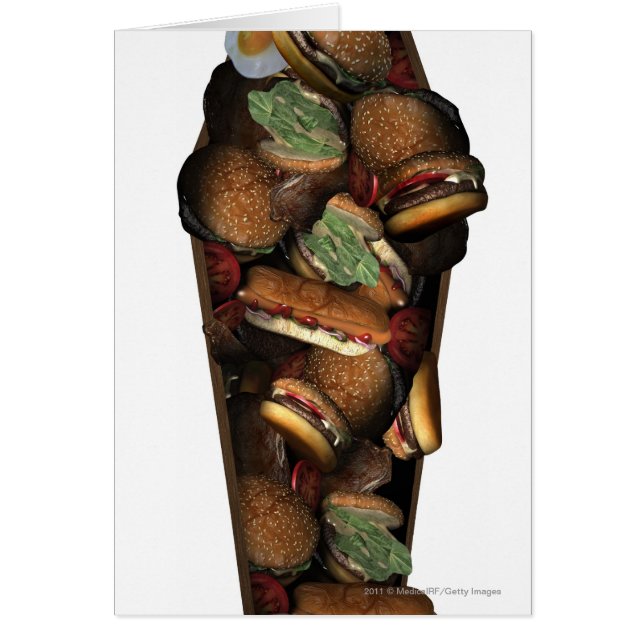 Illustration of a coffin filled with fast food (Front)