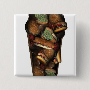 Illustration of a coffin filled with fast food 15 cm square badge