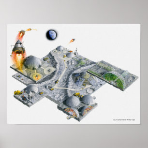 Illustration of a futuristic base on the Moon Poster