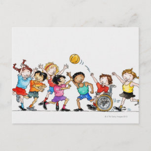 Illustration of a group of children including a postcard
