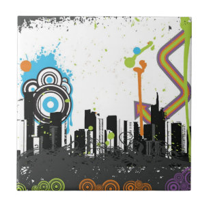 Illustration of a grungy cityscape ceramic tile