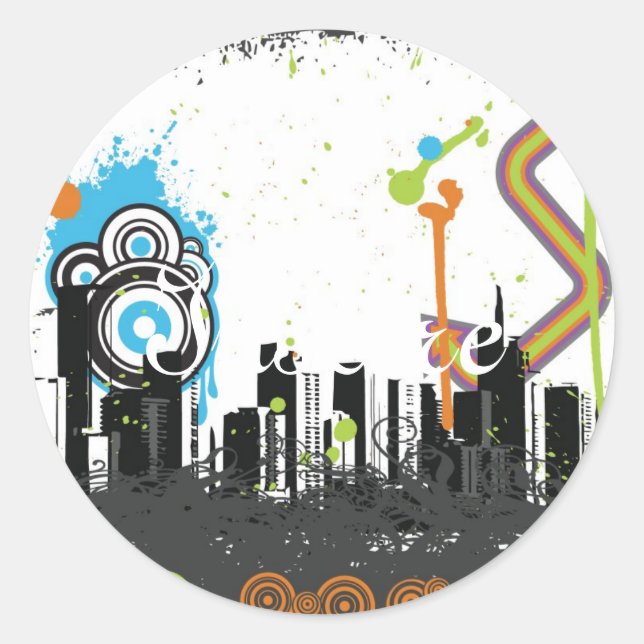 Illustration of a grungy cityscape classic round sticker (Front)