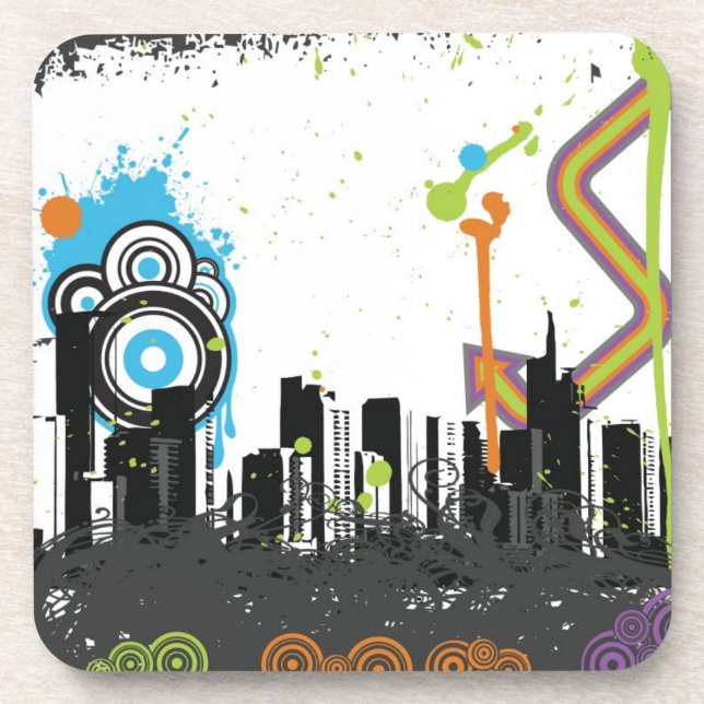 Illustration of a grungy cityscape coaster (Front)