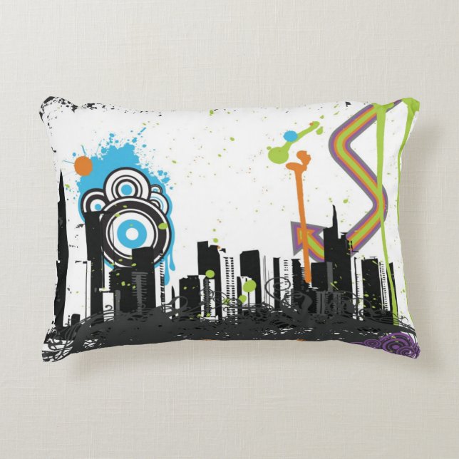 Illustration of a grungy cityscape decorative cushion (Front)