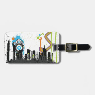 Illustration of a grungy cityscape luggage tag