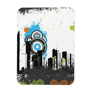 Illustration of a grungy cityscape magnet
