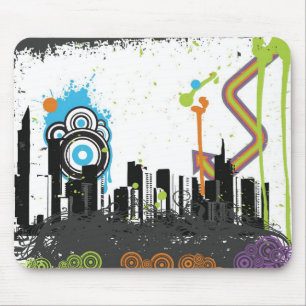 Illustration of a grungy cityscape mouse pad