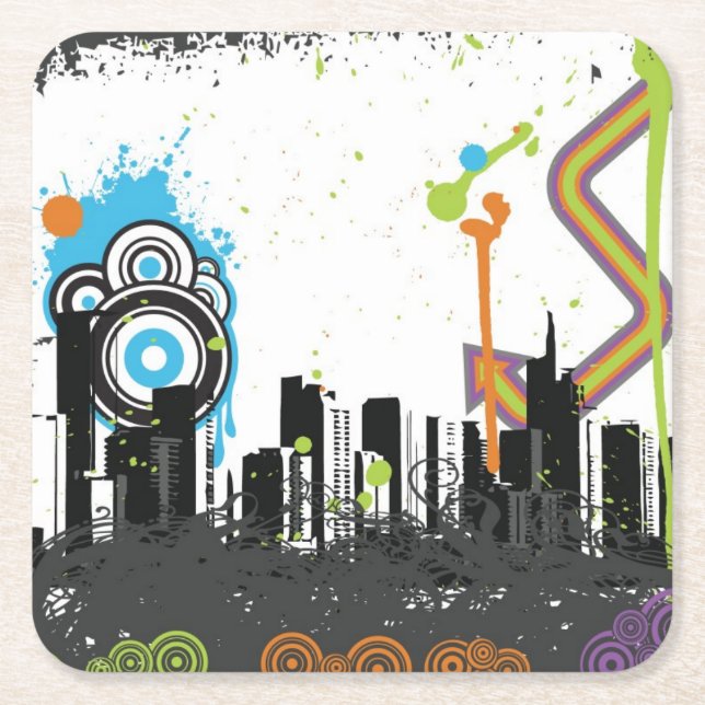 Illustration of a grungy cityscape square paper coaster (Front)
