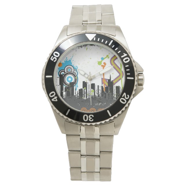 Illustration of a grungy cityscape watch (Front)
