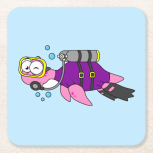 Illustration Of A Loch Ness Monster Scuba Diver. Square Paper Coaster