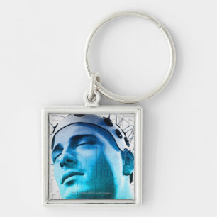 Illustration of a man wearing a cap of electrodes key ring