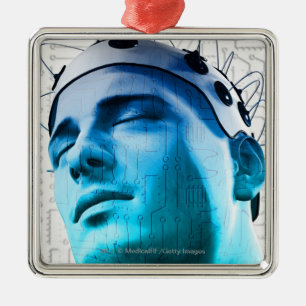 Illustration of a man wearing a cap of electrodes metal tree decoration