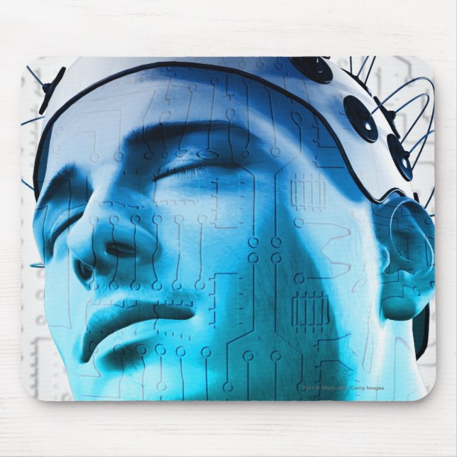 Illustration of a man wearing a cap of electrodes mouse pad (Front)