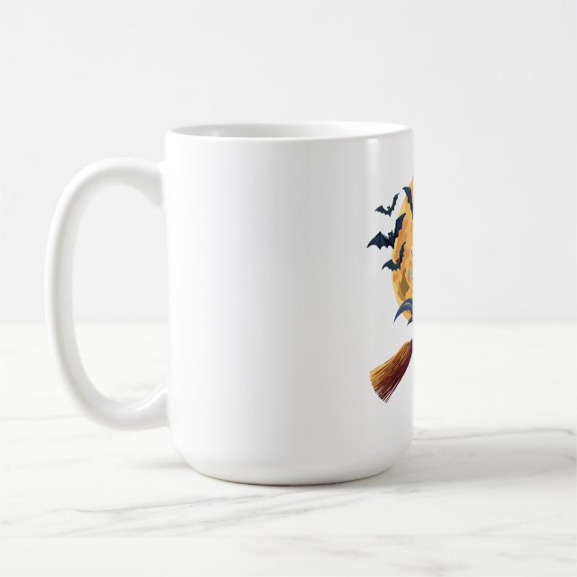Illustration of a old witch flying coffee mug (Left)