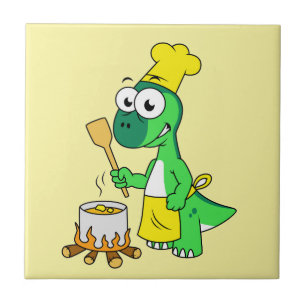 Illustration Of A Parasaurolophus Dinosaur Cooking Ceramic Tile