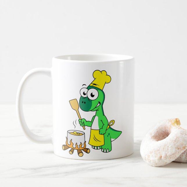 Illustration Of A Parasaurolophus Dinosaur Cooking Coffee Mug (With Donut)