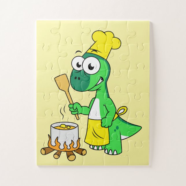 Illustration Of A Parasaurolophus Dinosaur Cooking Jigsaw Puzzle (Vertical)