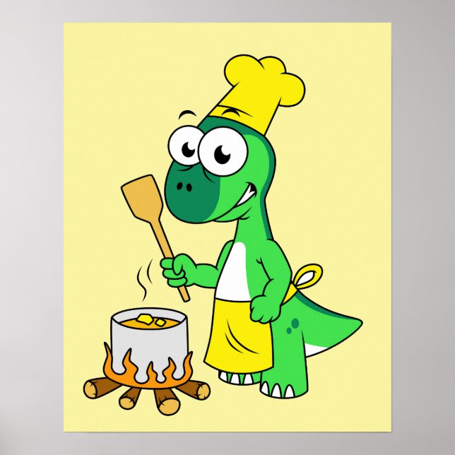 Illustration Of A Parasaurolophus Dinosaur Cooking Poster (Front)