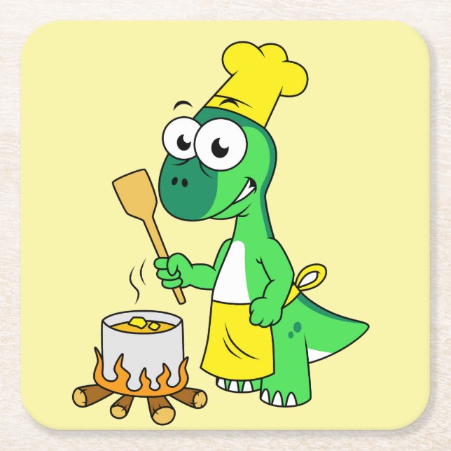 Illustration Of A Parasaurolophus Dinosaur Cooking Square Paper Coaster (Front)