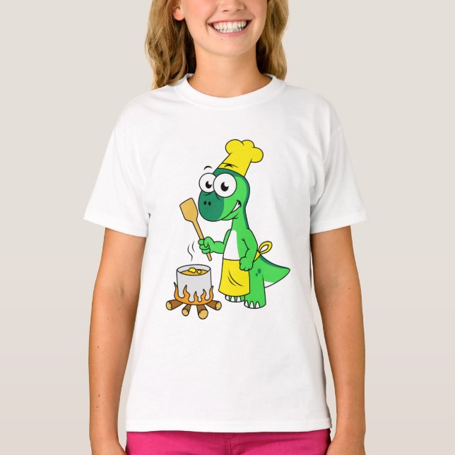 Illustration Of A Parasaurolophus Dinosaur Cooking T-Shirt (Front)