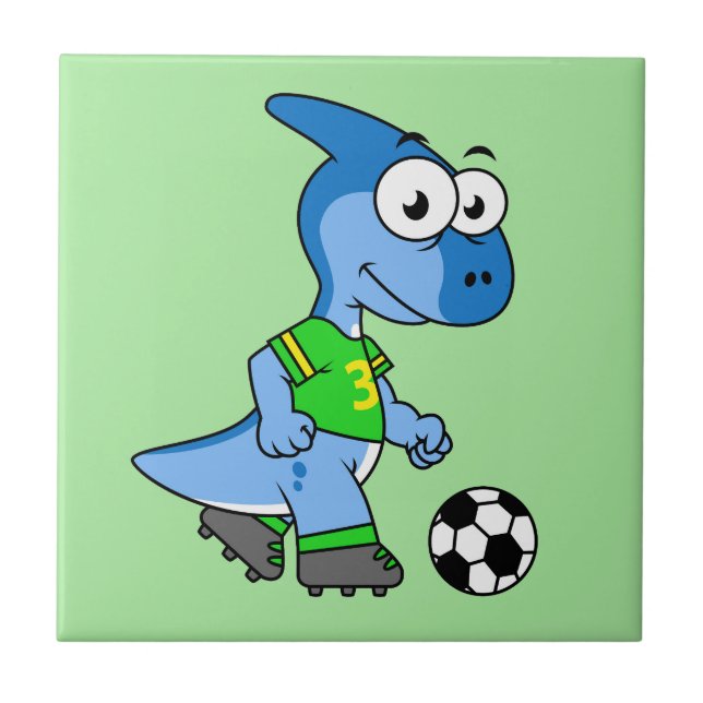 Illustration Of A Parasaurolophus Playing Soccer. Ceramic Tile (Front)