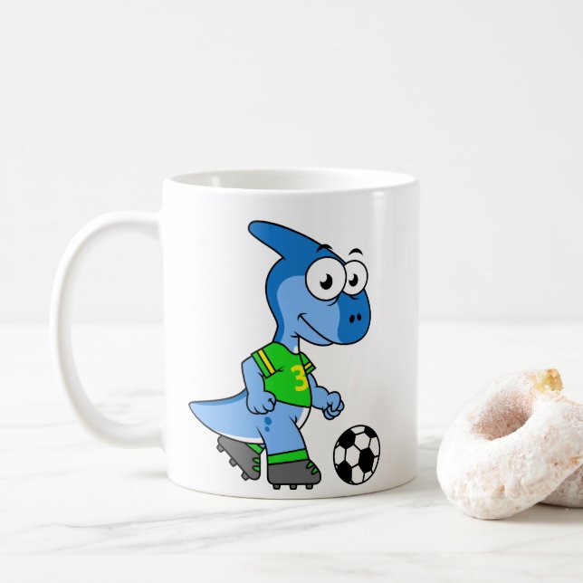 Illustration Of A Parasaurolophus Playing Soccer. Coffee Mug (With Donut)