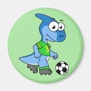 Illustration Of A Parasaurolophus Playing Soccer. Magnet