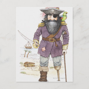 Illustration of a pirate with parrot perched on postcard