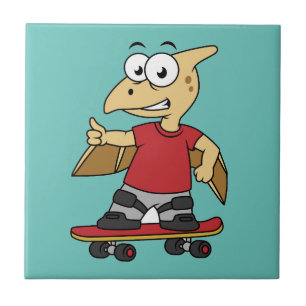Illustration Of A Pterosaur Skateboarding. Ceramic Tile