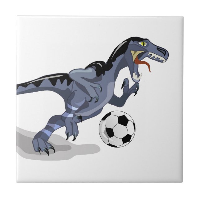 Illustration Of A Raptor Dinosaur Playing Soccer. Ceramic Tile (Front)