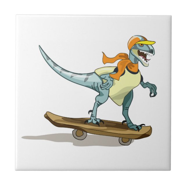 Illustration Of A Raptor Skateboarding. Ceramic Tile (Front)