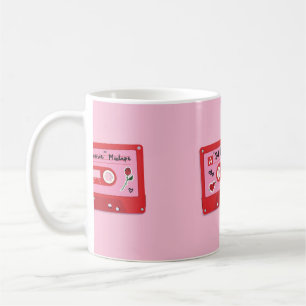 Illustration of a red plastic audio cassette tape, coffee mug