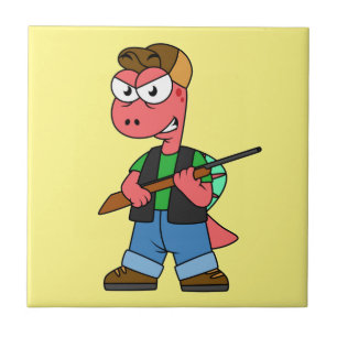 Illustration Of A Spinosaurus Hunter With Gun. Ceramic Tile
