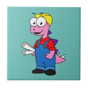 Illustration Of A Stegosaurus Construction Worker. Ceramic Tile