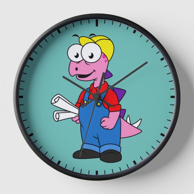 Illustration Of A Stegosaurus Construction Worker. Clock (Front)