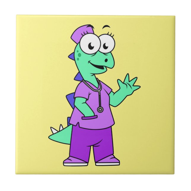 Illustration Of A Stegosaurus Nurse. Ceramic Tile (Front)