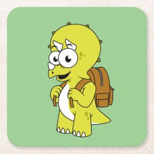 Illustration Of A Triceratops With Backpack. Square Paper Coaster