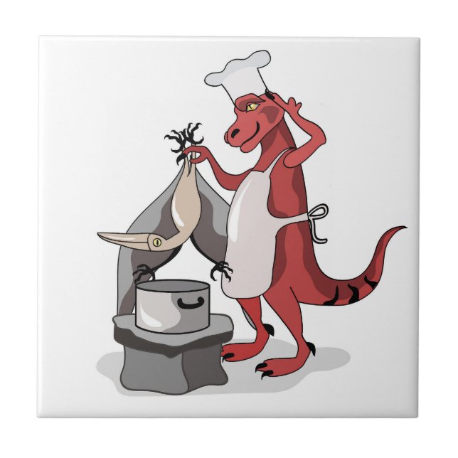 Illustration Of A Tyrannosaurus Rex Chef Cooking. Ceramic Tile (Front)