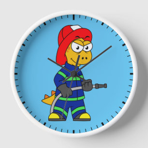 Illustration Of A Tyrannosaurus Rex Firefighter. Clock