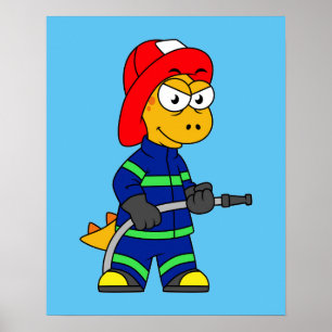Illustration Of A Tyrannosaurus Rex Firefighter. Poster