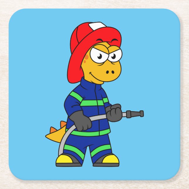 Illustration Of A Tyrannosaurus Rex Firefighter. Square Paper Coaster (Front)